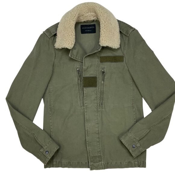 AllSaints Mens Rai Jacket XXS 2XS Green Military Sheepskin Collar Utility Fall - Picture 2 of 12